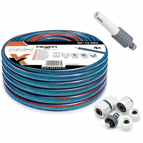 REXXER Gartenschlauch-Set 20 m, 3/4 Zoll, 4-lagig, Sprühdüse | UV-beständig, flexibel, Schnellkupplungen, Wasserhahnanschluss, für Gartenbewässerung