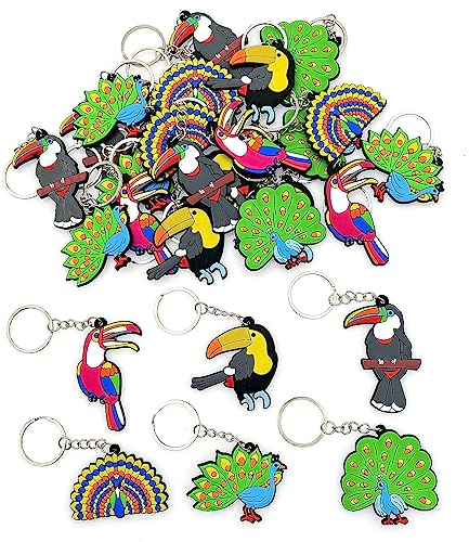JZK 30x Paon toucan porte-clés pour cotillons tropicaux fête thème oiseaux forêt tropicale cadeaux remerciement pour invités, Deco gadget fête pour enfants, décorations accessoires fête jungle