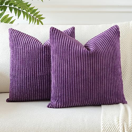 JOTOM Housses de Coussins en Velours Côtelé Décoratif Canapé Taie d'oreiller Doux Decoration pour Maison Salon Chambre Canapé Décoration 55x55cm Lot de 2 (Aubergine Pourpre)