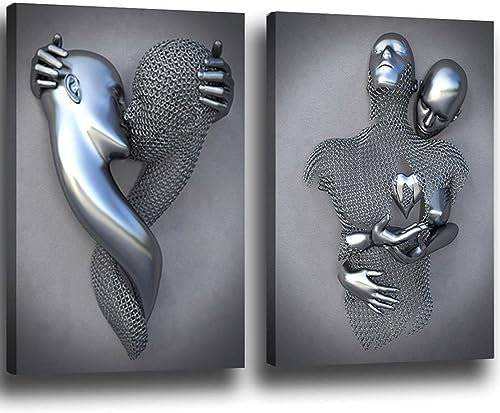 3D Liebhaber Skulptur Poster Metall Figur Statue Kunst Leinwand Gemälde Romantisch Abstrakt Poster und Drucke Modernes Wohnzimmer Heimdekoration - Ohne Rahmen (2pcs-60x90cm,Figur-3)