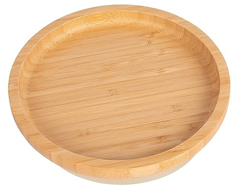 Tiny Dining 1x Beige Enfants Rond Assiette à Dîner en Bambou avec Ventouse Solide - Idéal pour Bébé Tout-Petit Sevrage - Respectueux de la Nature Assiettes Alimentaires