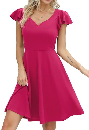 Missufe Vintage Kurz Herzausschnitt Minikleid Damen Cocktailkleid Elegant A-Linie Kleider (Heißes Rosa, klein)