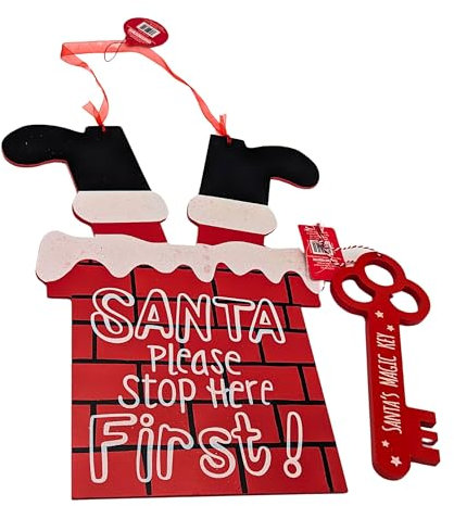 AKEDE Christmas Santa Stop Here Sign 12 X 15” & Santa Key Wooden 9 X 3.5 | Outdoor Outside Christmas Decorations | Christmas Decorations Indoor | Christmas Eve Box Fillers (RED)