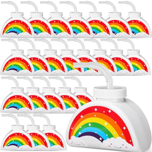 Domensi 24 Pack Rainbow Party Cups with Lids and Straws for Kids, 10oz Reusable Plastic Tumblers for Rainbow Birthday Party Favors, Baby Shower, School Event, Kindergarten, Christian Charity Donation