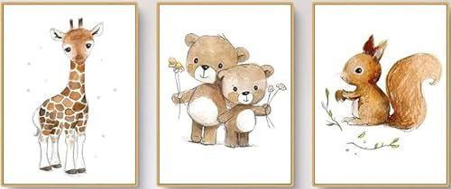 UEHVVF Tier Wandkunst Rehkitz Bär Eichhörnchen Bild Kunstdrucke Kinderzimmer Dekoration, Leinwandbild Poster und Drucke Wandbild Kinderzimmer Ungerahmt (Yellow,20 * 30CM)