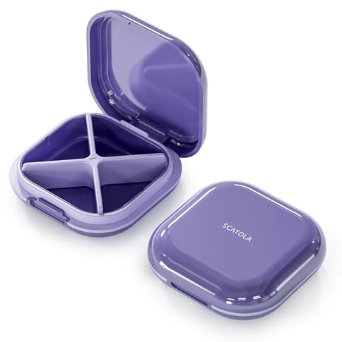 ONTERATE Portapillole Giornaliero 4 Scomparti, Portatile da Viaggio, Mini Contenitore per Pillole per Tasca in Borsa, Compatto per Vitamine, Integratori (Viola)