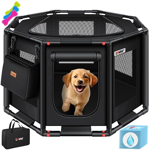 LOVPET® Welpenlaufstall drinnen draußen Welpenauslauf Hunde-Käfig Oxford-Gewebe Tier-Laufstall Kleintier Katzen Freigehege Rahmen PVC-Rohr mit Tasche, 3X Kauknochen & 10 Pad, M 72x72x43cm, Schwarz