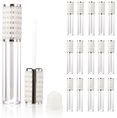 COSIDEA 15 runde leere Lipgloss-Röhrchen mit Zauberstab und Diamantkappe, Lipgloss-Behälter für Lippenölverpackung, 5 ml, Silber mit Perle, Luxuriös