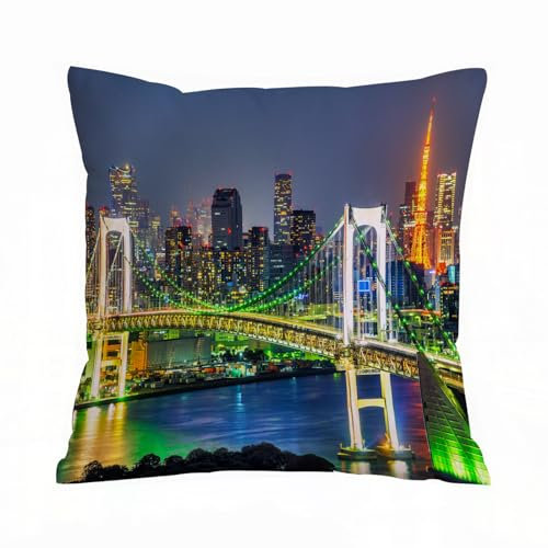 AELKSP Kissenbezug Kissenhülle Haus Dekorativ Für Jungen/Mädchen Wohnzimmer Schlafzimmer Sofa Stuhl Kissenbezüge,Wohnung, Skyline von Tokio mit Tokyo Tower und Rainbow Bridge, Tokio Japan, N,45x45 cm