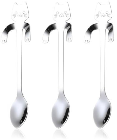 3 pcs cucharas lindas para gatos, cucharas de café con cabeza de gato de acero inoxidable, cucharas de postre dulce, cucharas de postre de helado para revolver té, café, azúcar, postre