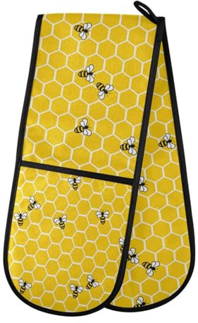 Double Oven Gloves Heat Resistant Honeycomb Cute Bee Double Oven Mitts Pot Holder Heat Protection Oven Gloves for Home Kitchen Baking Cooking BBQ Microwave