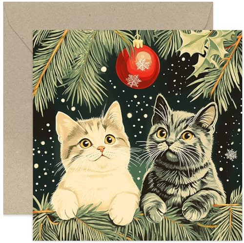 Tarjeta de felicitación de gato para Navidad, tarjetas de Navidad para familiares y amigos, diseño de gato, árbol de Navidad, tema de gato, para mamá, papá, hermano, hermana, marido, esposa