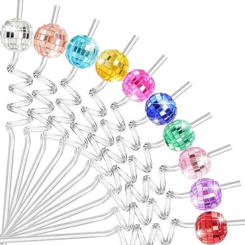 16 Pieces Disco Ball Straws Colorful - 70s Glitter Mirror Disco Straws Party Decoration Straws for Holiday Wedding Birthday Reusable Supplies