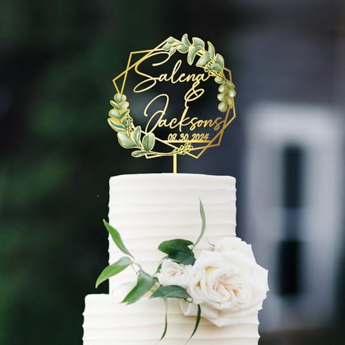 Party to Be Hochzeit Cake Topper mit grünen Blättern Personalisiert Braut und Bräutigam Name und Daten Custom geometrische Kuchen Dekoration aus Acryl und Holz