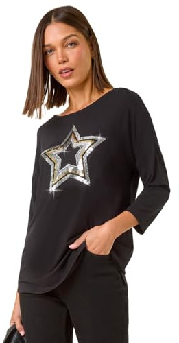 Roman Originals Stretchy Top for Women UK - Ladies Jersey Blouse Smart Casual Tunic Work 3/4 Length Sleeve Round Neck Boat Neckline Flattering Autumn Winter - Silver - Size 10