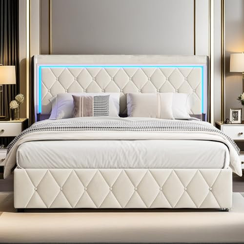 YYXLDYNB Polsterbett, 160 x 200 cm, Doppelbettrahmen mit LED-Beleuchtung und USB-Ladefunktion, Bettkasten 160 x 200 cm mit Stauraum, Bett mit LED, Samt, ohne Matratze, Beige