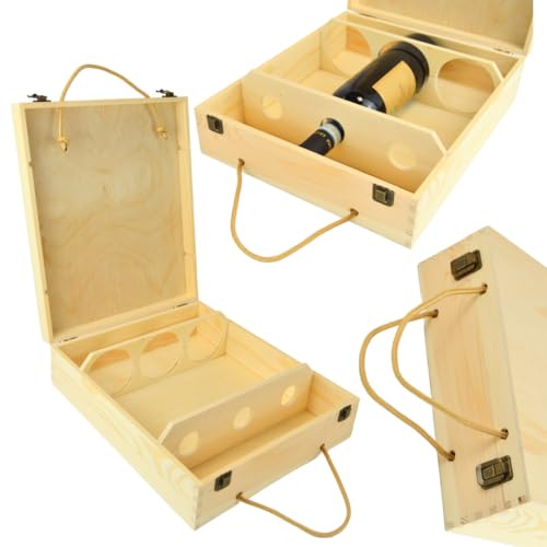 DUE ESSE S.N.C. DI SABATINI ALDO PZ 1 SCATOLA VINO IN LEGNO NATURALE (3 BOTTIGLIE) CASSETTA PORTA BOTTIGLIE IN LEGNO CON MANICI IN CORDA E CHIUSURA A SCATTO ESPOSIZIONE O PER REGALO
