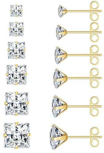 6 Paires Boucle d'Oreille Acier Inoxydable Zircone Cubique Clous d'Oreilles pour Homme Femme Or Piercing Oreille Cartilage Hélix Tragus, 3-8mm