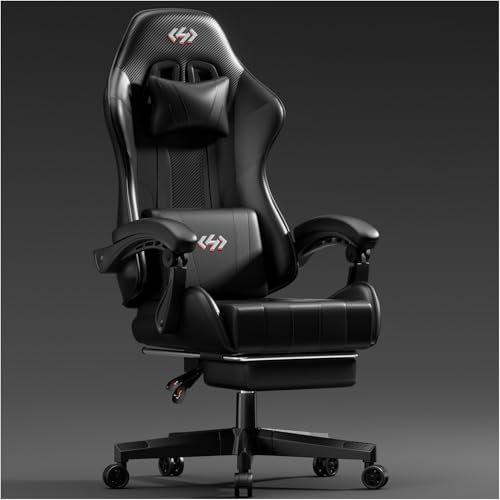 HLFURNIEU Silla Gaming Ergonómica, Silla Gamer con Reposapiés y Soporte Lumbar, Silla Ordenador con Spring Cushion, Sillon Gamer Altura Regulable, Respaldo Ajustable, Cadeira Gaming Negro