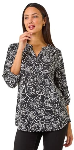 Roman Shirt for Women UK Ladies Top Collarless Blouse Stretchy Tunic Smart Casual Autumn Winter Jersey 3/4 Length Sleeve Notch V Neck Flattering Office Work - Noir Leaf - Size 10