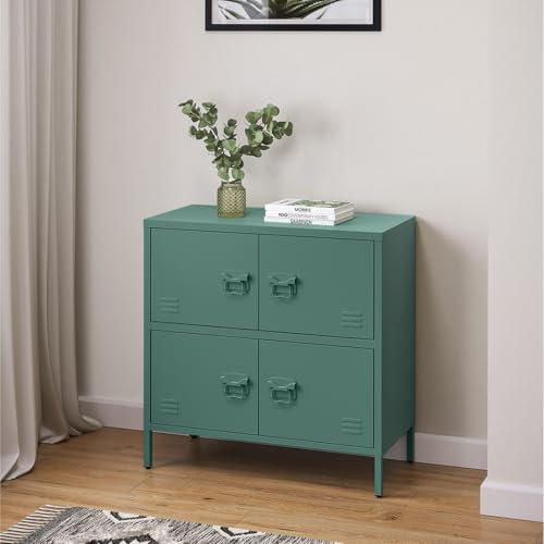 skølm Metallkommode Zandor, Wohnzimmerschrank mit 2 Fächern dunkelgrün, Sideboard, Mehrzweckschrank Stahl 2x2, 81x80x38 cm