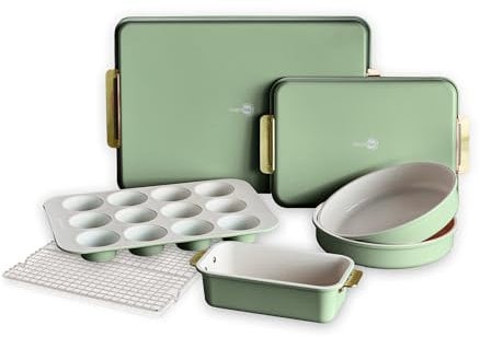 GreenPan Bakeware Set, 7 Piece Nonstick Ceramic Gold Handle Baking Sheets, Cake Pans, Loaf Pan, Muffin Tin, Cooling Rack, PFAS & BPA Free, Freezer to Oven Dish, Bake & Roast Ovenware, Sage Green