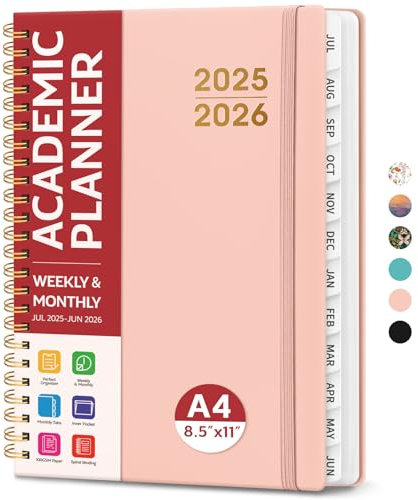 Academic Planner 2025-2026 For Women & Men, Monthly and Weekly Calendar Planner, Jul 2025 - Jun 2026, A4 (8.5 x 11), Teacher Student Planning Book with Tabs, Ideal for Office School Supplies - Pink