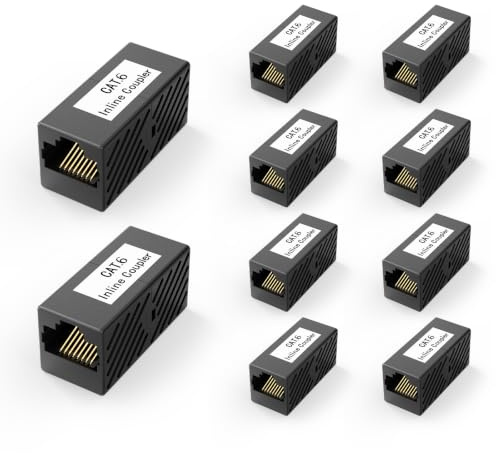 VCE Cat6 RJ45 Coupler, Female to Female Gigabit Ethernet Extender, 10 Pack | PoE Supported, Gold-Plated Pins Network Adapter, Backward Compatible with Cat5e, Black