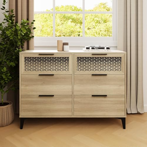 GFW Ezra 3+3 Drawer Chest, Oak Effect Chest of Drawers with Geometric Detail & Black Metal Legs
