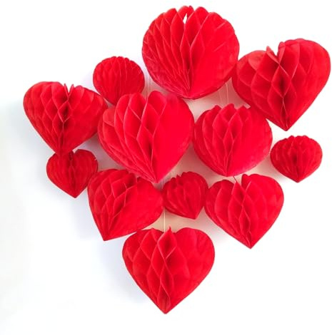 YLY's love Herzförmige Papier Wabenball Dekoration 12er Honeycomb Balls zum Aufhängen Seidenpapier schöne Dekor für Geburtstag Hochzeitsfest Babyshower Party Brautduschen (Rot)