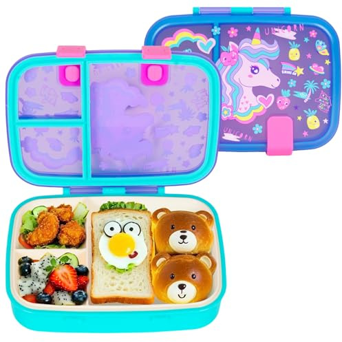 PinkSheep Bento Lunch Boxen für Kinder, 800ml BPA-freie leckagesichere Kinder Lebensmittelbehälter mit 3 Fächern zurück zu Schulschülern Junge Mädchen (Einhorn)