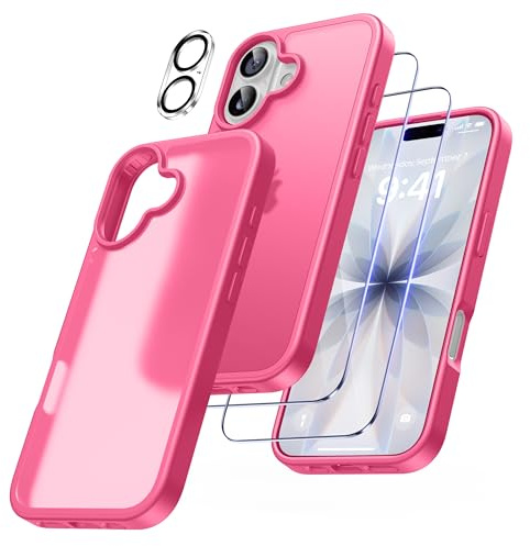 FLLAO 5 in 1 Cover per iPhone 17 con 2 Pellicola Vetro Temperato e 2 Fotocamera Protettiva, [Cuscino d'aria integrato] Antiurto Antigraffio Morbido TPU Bumper Phone Custodia, Rosa Calda