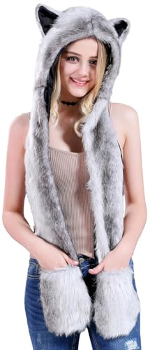 Malaxlx Damen Herren Winter Kunstpelz Flauschig Pelzigen Tier Kapuze Mütze mit Ohren Schal Pfoten Prints Tasche Handschuhe 3 in 1 Combo