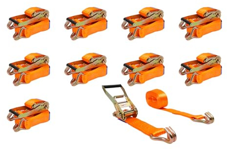 10 correas tensoras con carraca, 5000 kg, 6 m de amarre con doble gancho, 2,5 t, fuerza de trabajo para camiones, remolques, seguridad de carga, color naranja