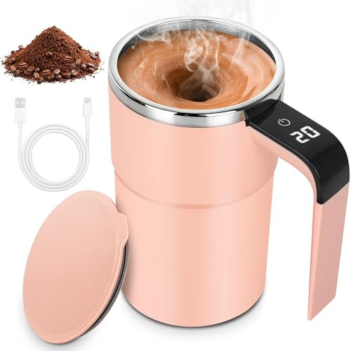 FENYW Selbstrührende Tasse, 380ml Selbstrührende Kaffeetasse mit Temperaturanzeige, Selbstrührender Kaffeebecher, Automatisch Magnetisch, Edelstahl, USB, für Kaffee,Milch und andere Getränke(Rosa)