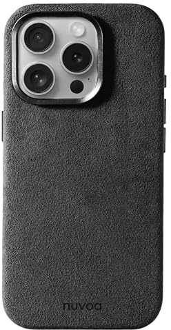nuvoa Alcantara Handyhülle für iPhone 15 Pro Max kompatibel mit MagSafe | Handgefertigte Premium Case aus original italienischem Alcantara®, unterstützt kabelloses Laden, 100% Vegan – Space Grau