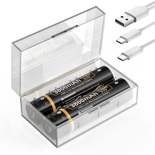 2 Stück 3800mAh Höhe Kapazität Akku, 3,7V Neuer 0-Zyklus Eingebauter Ladeanschluss, Schnellladung über USB-C mit Zwei Kopfkabel, für LED Stirnlampe