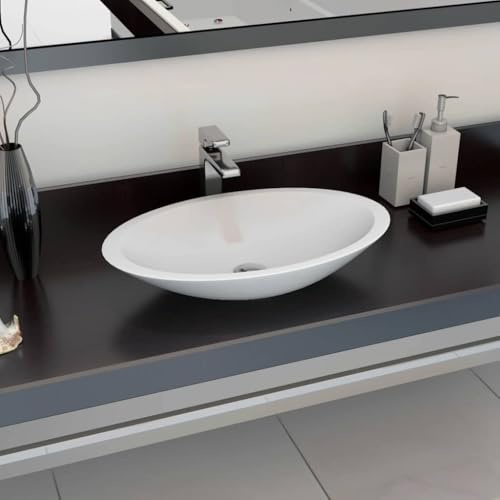 Lavabo en fonte minérale - 59,3 x 35,1 x 10,7 cm - Vasque à poser pour salle de bain, salle de bain d'invités, en fonte de marbre blanc