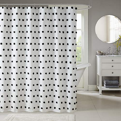 Madison Park Sophie Polka Dots Duschvorhang, Textur-Design Pom Tufts Akzent Weiches, trendiges Badezimmer-Dekor, maschinenwaschbar, Badewannen-Stoff-Sichtschutz, 182,9 x 182,9 cm, Schwarz/Weiß