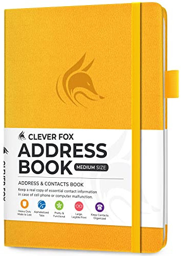 Clever Fox Adressbuch mit alphabetischen Registerkarten – Telefon- und Adressbuch aus PU-Leder, zur sicheren Aufbewahrung von Kontakten, Kontakt-Organizer, Tagebuch, mittelgroß (13,5 x 19 cm),