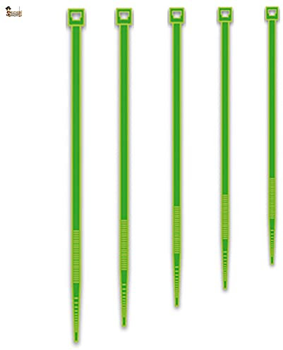 BricoLoco 500 bridas plástico exterior jardinería. Color verde. Surtido 5 medidas. Interior y exterior. Jardinería, empaquetado, cables, tubos, fijar, precintar.