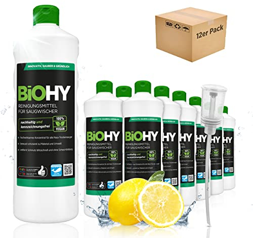 BiOHY Reinigungsmittel für Saugwischer mit Frischeduft (12 x 1 Liter) + Dosierer | 1:200 Konzentrat für alle Nass-Trockensauger | ideal für Fliesen, PVC, Parkett, Laminat & Teppich | streifenfreier