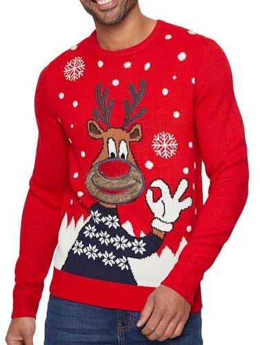 NOROZE Men's Moose Merry Christmas Jumper Xmas Reindeer Elf Football FC Novelty Pullover (XL, OK Moose Red)