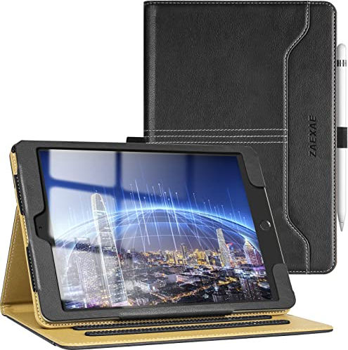 ZAEXAE Hülle für iPad 9,7 Zoll (6. Generation 2018, 5. Generation 2017, iPad Air 2 2014, iPad Air 1 2013), Pu Leder Schutzhülle Cover mit stifthalter, Ständer, Auto Schlaf/Wachen, Schwarz