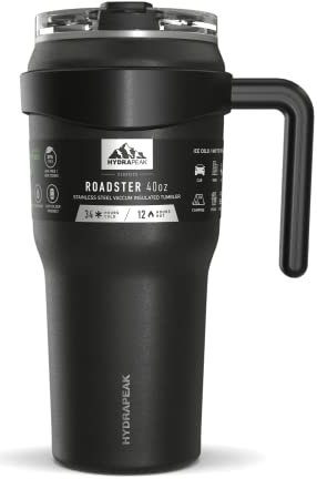 Hydrapeak Roadster Edelstahl-Becher, doppelwandig, vakuumisoliert, Wasserflasche mit Griff und 2-in-1-Strohdeckel, 1,2 l, Schwarz