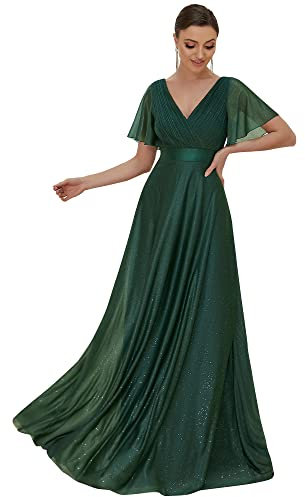 Ever-Pretty Women's Prom Dress High-Waisted Deep V-Neck Flutter Sleeve Elegant Long Dress Dark Green 20