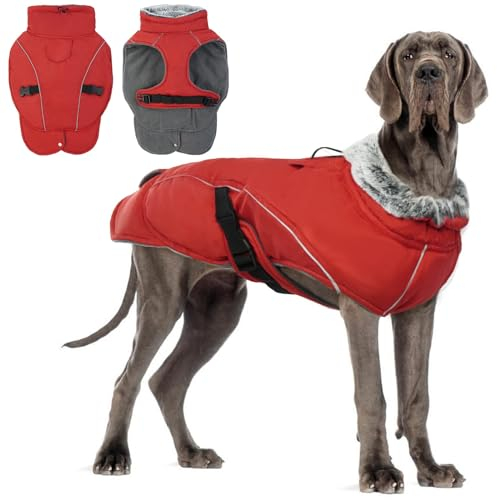 DENTRUN Hundemantel Grosse Hunde, Ärmellose wasserdichte Hundejacke, Hunde Reflektierende Fleecejacke, Winddichter WintermantelHunde, Winddicht Outdoor Hundejacke(Rot,XL)