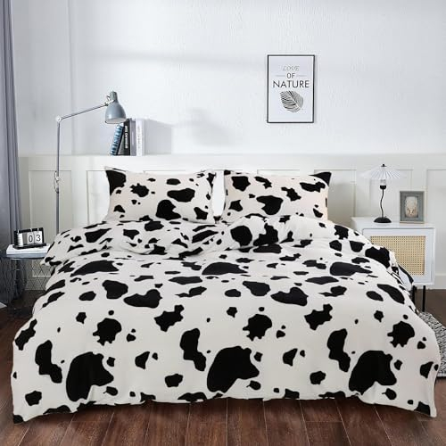 DXHOME Flauschige Winter Bettwäsche 135x200 Extra Warm 4 teilig Kuschelig Kuhmuster Bettwäsche Weiß Weiche Milchfleece Bettwäsche für Kinder Mädchen mit Reißverschluss und 2 Kissenbezüge 80x80 cm
