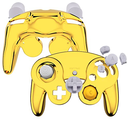eXtremeRate Carcasa para Nintendo Gamecube Mando, Cubierta Frontal y Placa Posterior, Agarre con Botones, Accesorios de Repuesto - No Incluye Controlador, Dorado Cromo