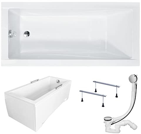 KOLMAN Badewanne MODERN Rechteck 180x80 mit AcrylSchürze, Ablaufgarnitur und Füßen Komplettset 4in1 Premium Original Acryl Wanne Siphon
